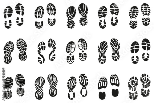 Footprints human shoes icon collection. Set of black prints of shoes. Black imprint soles shoes icon collection. Set of footprints stamped icons