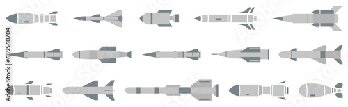 Cruise missiles collection in a flat design. Set of combat rocket weapons. Different types of missiles isolated. Fighter aircraft missiles icons