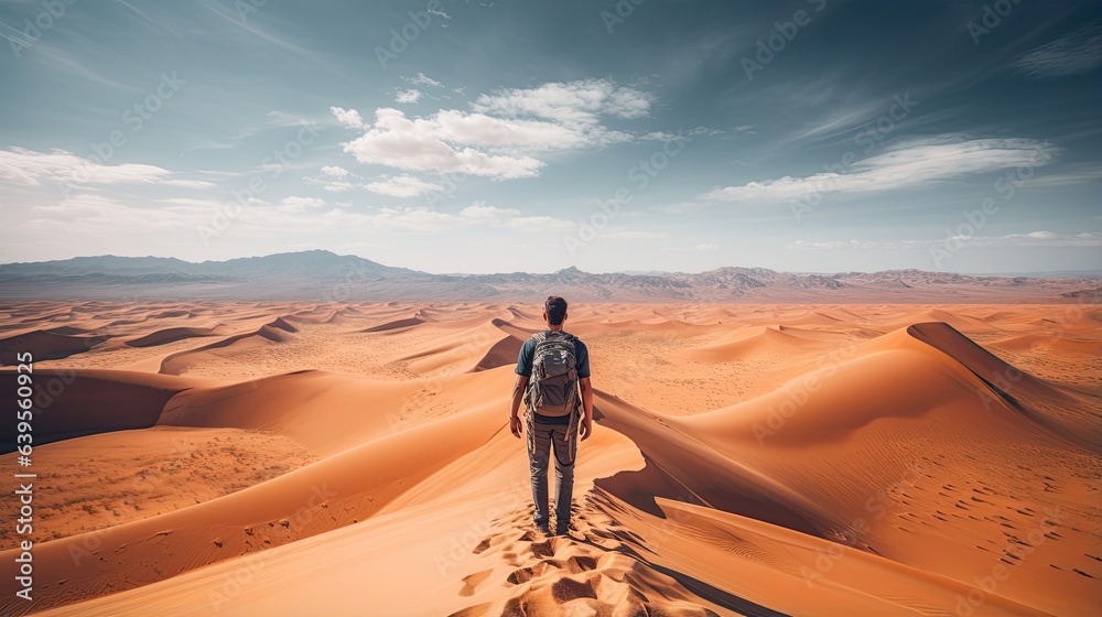 Male hiker, full body, view from behind, standing on a dune in the middle of the desert Male hiker, full body, view from behind, standing on a dune in the middle of the desert