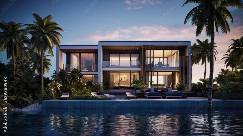 A modern house in a tropical island in the middle of the ocean A modern house in a tropical island in the middle of the ocean