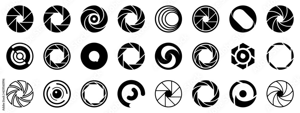 Black camera lens icon collection. Set of camera lens icons. Camera lens icon in a flat design - obrazy, fototapety, plakaty 
