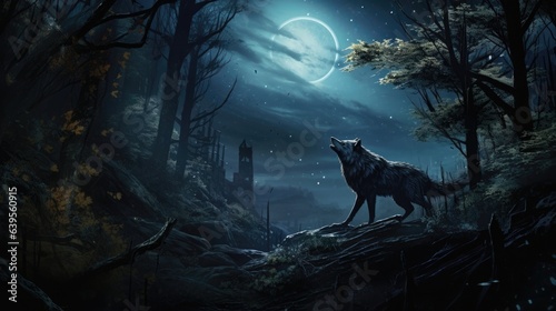 Wolf prowling through moonlit forest, howling at midnight.