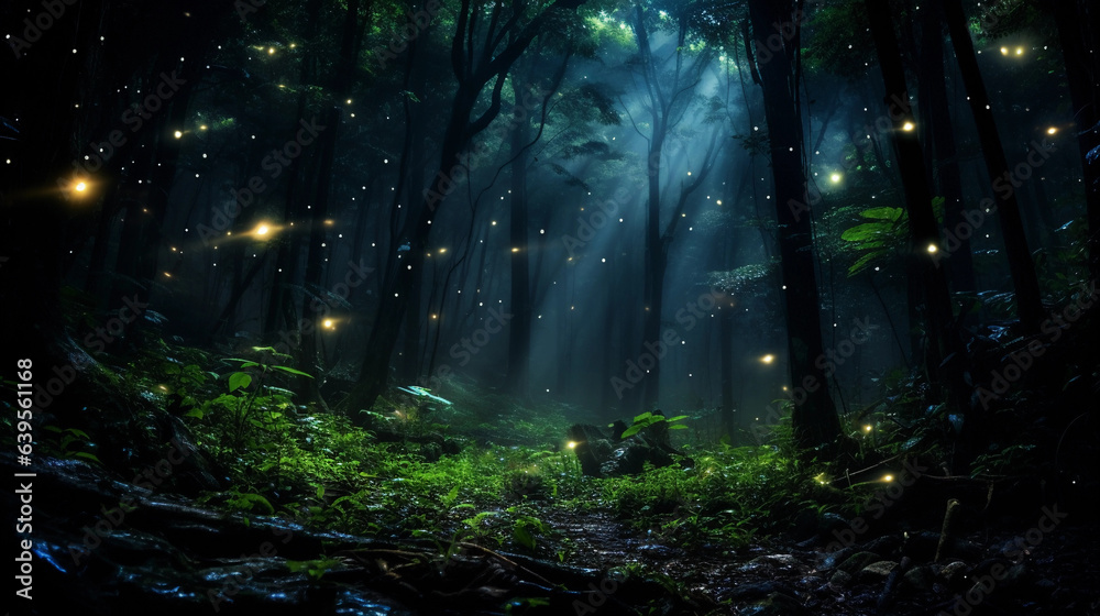 Night shot of fireflies illuminating a dark forest, creating a mystical ambiance, long exposure