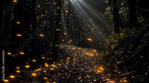 Night shot of fireflies illuminating a dark forest, creating a mystical ambiance, long exposure