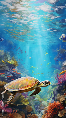Ocean conservation scene, underwater view of a coral reef teeming with marine life, emphasis on endangered species like the Hawksbill turtle, painted with vibrant watercolors, natural sunlight filteri