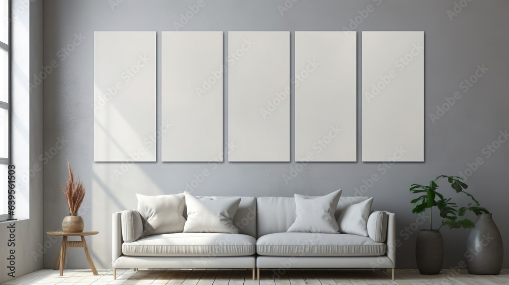 Light gray wall with vertical painted canvases for mockups. Created ...