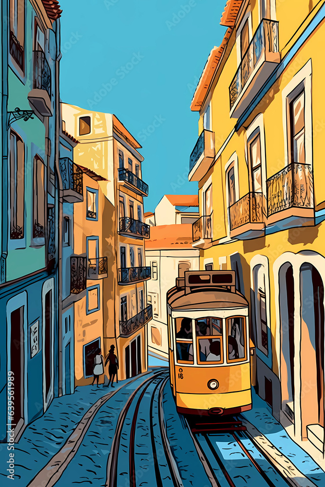 Illustration of a portuguese city with a tram, Portugal