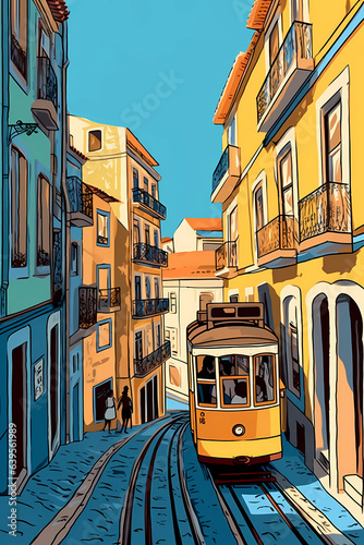 Obraz na płótnie Illustration of a portuguese city with a tram, Portugal w salonie