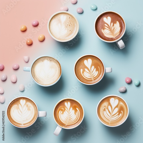 Aerial view of various coffee cups of Latte with Creative pastel blue pink background 