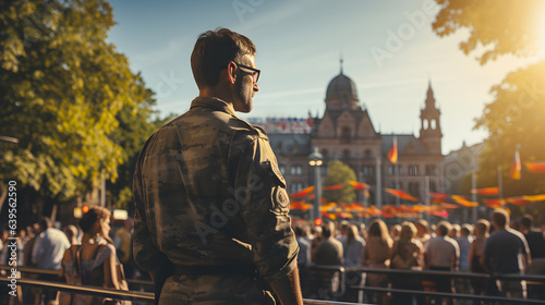 German Unity Day celebration, rear view of man military veteran wearing military uniform standing in city and looking at peaceful holiday rally.