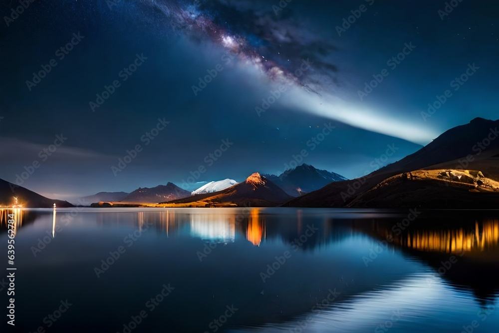 Milky way at blue sky over the lake at night