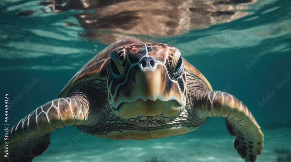 Fototapeta premium A giant golden sea turtle spreads its paws and swims in the blue depths of the sea or ocean. Close-up.