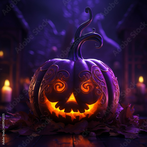 A pumpkin glowing with Halloween lights against a vivid purple background