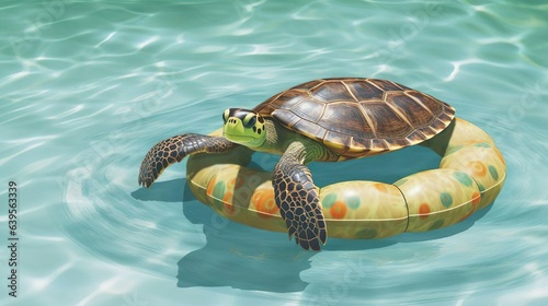 A turtle swims in the swimming pool on an inflatable circle. Exotic wildlife animal. A tourist enjoys a vacation.