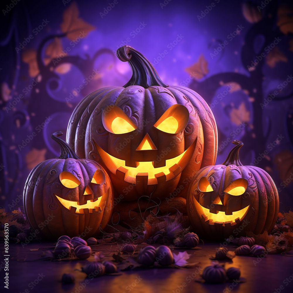 A pumpkin glowing with Halloween lights against a vivid purple background