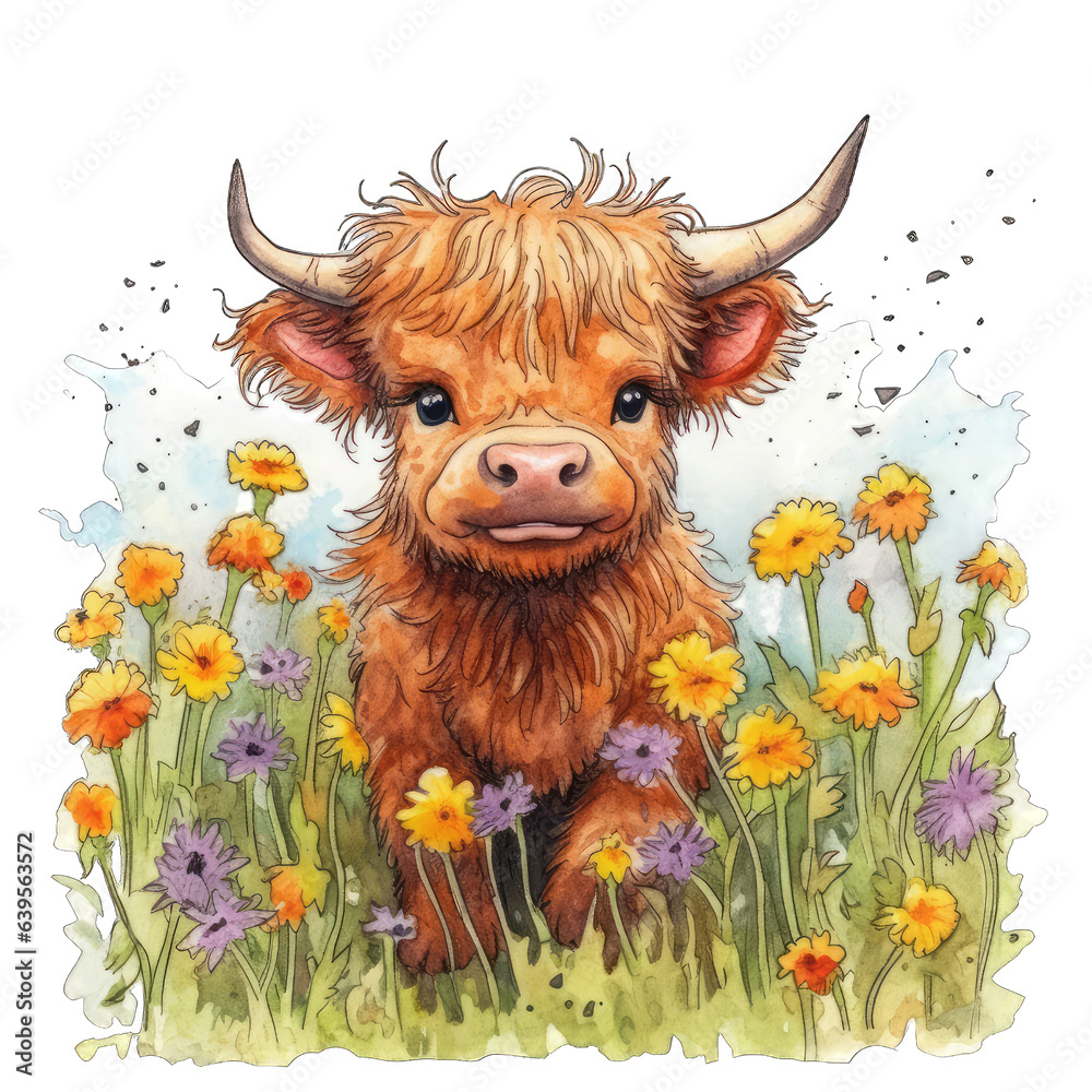 Sweet and Playful Highland Calf Art isolated on transparent background png - Generative AI