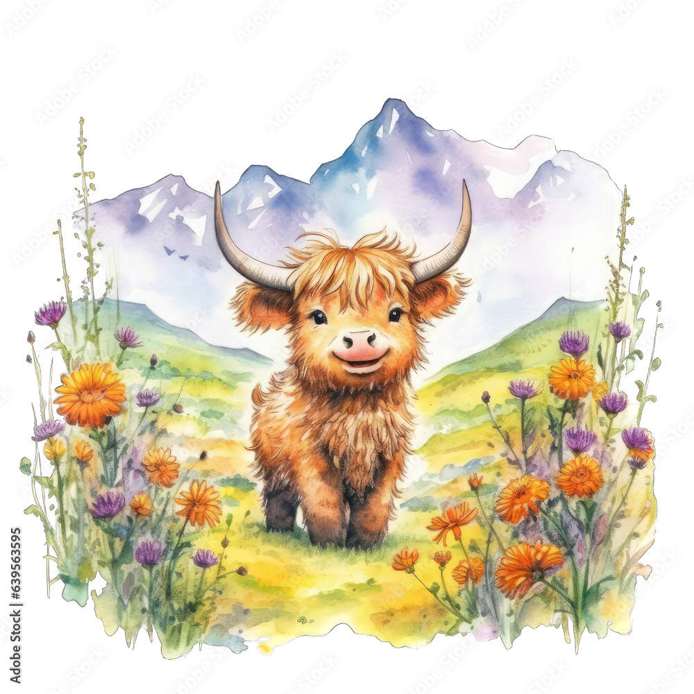 Charming Watercolor Baby Highland Cow isolated on transparent ...
