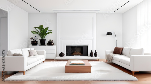 Minimalist Elegance with Designer Furniture on Hardwood Floors and Fluffy Rug. 