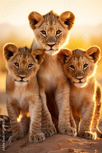 a group of young small teenage lions curiously looking straight into the camera, golden hour photo, ultra wide angle lens.