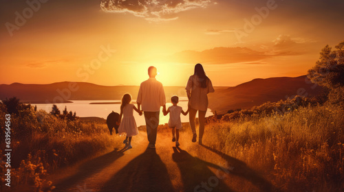 Happy family: mother, father, children son and daughter on nature on sunset © Sasint