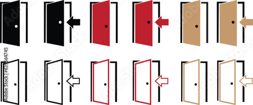 set of black, red and skin Door Icon in trendy flat style isolated on white background. Open line door symbol for your web site design, logo, app, UI. entrance door icon.
