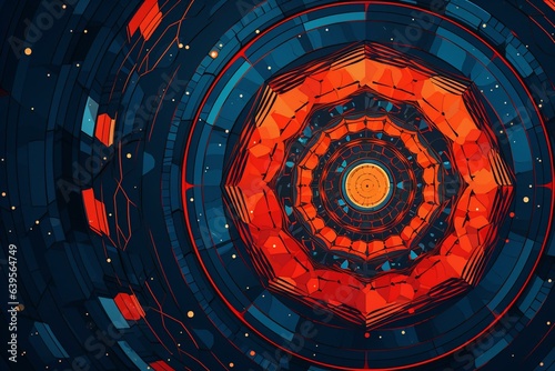 Abstract blue and coral orange-red sacred geometry with a space vortex background in line art consisting of circles and hexagons. Generative AI