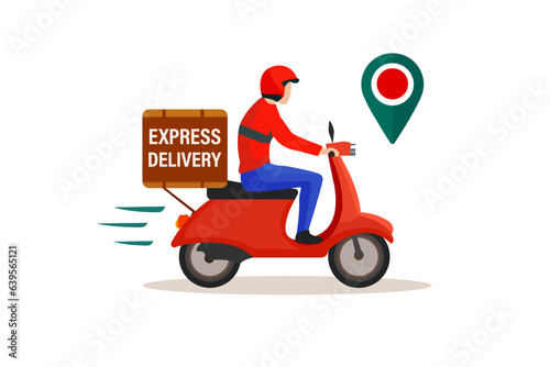Fast food delivery service, motorbike driver courier or gps pizza deliveries. Delivery service, driver courier by motorbike. Vector illustration