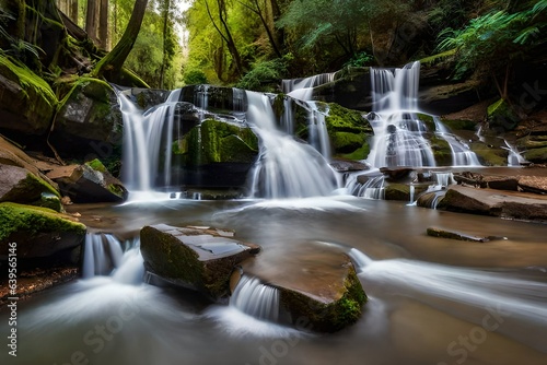 Smooth flowing water over rocks in the lush forest of green mountains