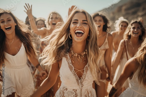 wedding celebration or bride shower hen party night in the boho style at the beach, young women taking selfie smiling with friends and guests, sunny weather