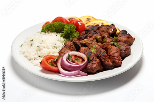a delicious kebab dish with meat, rice and vegetables on a white plate on white background