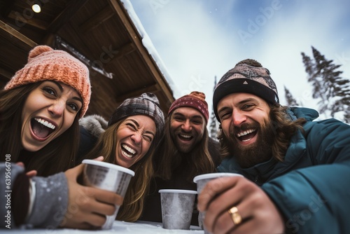 a group of young cheerful diverse men and women posing for a photo on the ski vacation in the mountains, drinking alcoholic beverages, wearing winter clothes, having much fun, celebrating