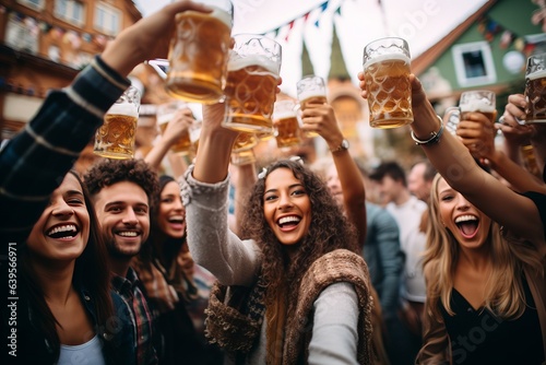 a group of young diverse men and women celebrating oktoberfest in the beer garde Fototapet