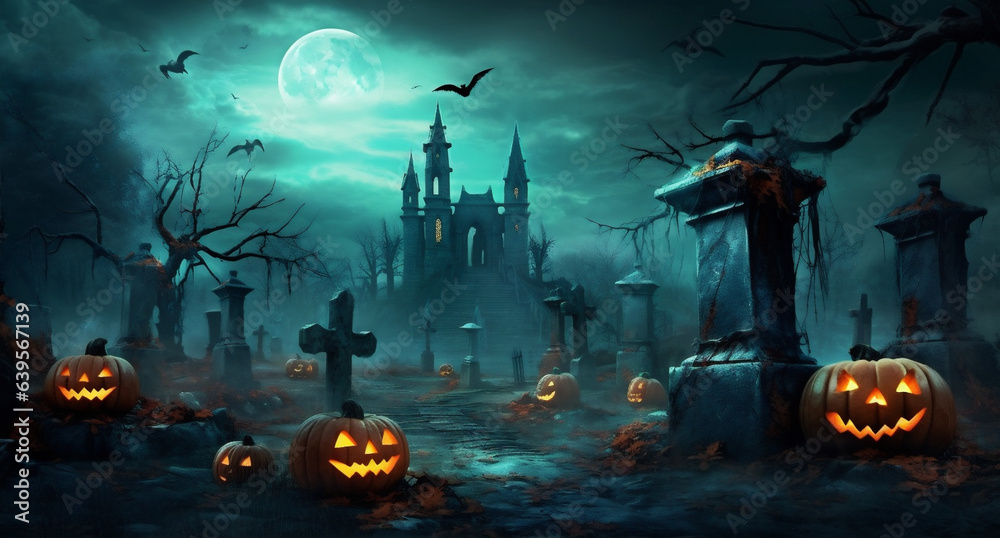 moon cemetery night bat grave holiday halloween dark pumpkin horror. Generative AI.