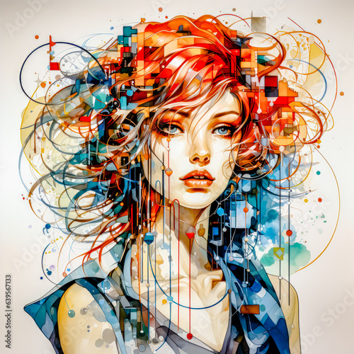 Girl with Colorful Face Digital Art Flowing Geometry Style Messy, Object Portraits Highly Detailed Figures, Technological Wallpaper Background Generative AI KI Backdrop Cover