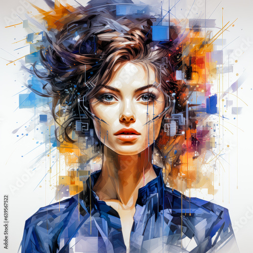 Girl with Colorful Face Digital Art  Flowing Geometry Style  Messy, Object Portraits  Highly Detailed Figures, Technological Wallpaper Background Generative AI KI Backdrop Cover © Korea Saii