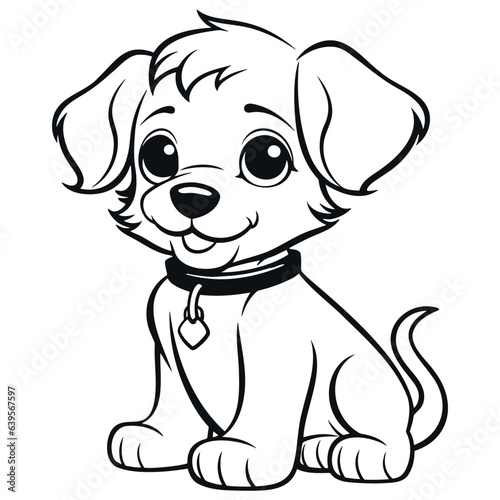 Vector isolated cute cartoon little puppy, black line outline drawing.