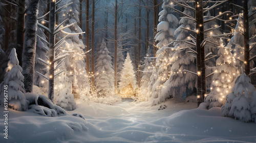 A snow-covered forest glows under the soft illumination of twinkling Christmas lights. The image  captures the intricate snowflakes and the warm, inviting glow that evokes the magic. © CanvasPixelDreams