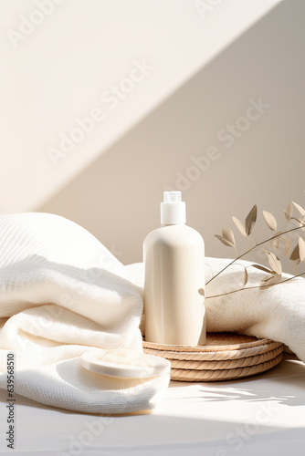 Body Cream Milk Mock up Minimalist Product Serum Skincare Purfume Bottle Tube Cosmetic Soap Spa Backdrop Background Neutral Minimalist Simple Minimal Color, Beige, Tan, White Social Media Website photo