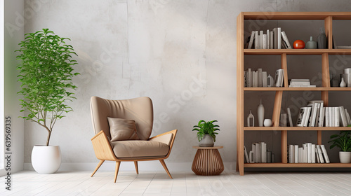 Scandinavian bookcase with armchair in modern cozy interior of room. Home library with book shelf, Generative Ai © Nakron
