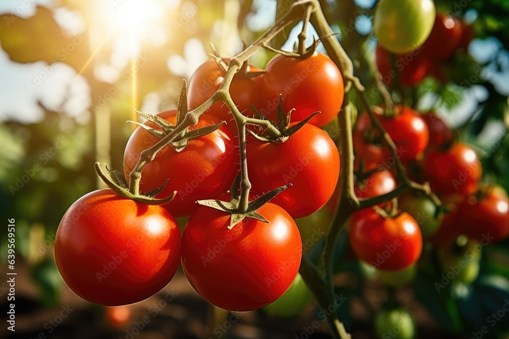 Perfect ripe branch of tomatoes grow in greenhouse or organic vegetable garden. Sunlight and blurry background.