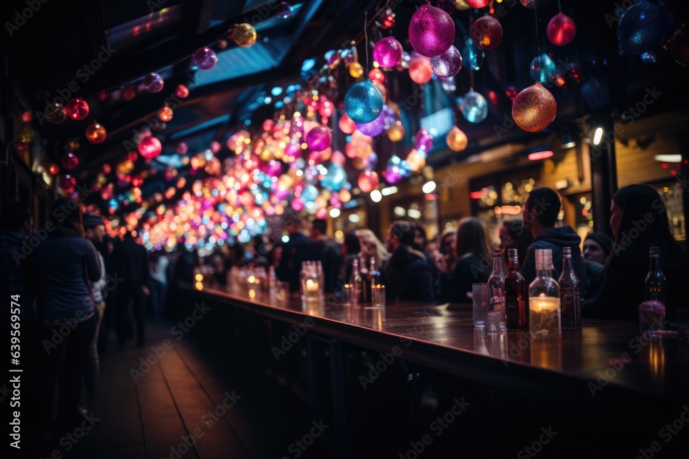Decorated place for a night party. Festival and holiday concepts. Many Illuminated light bulbs.