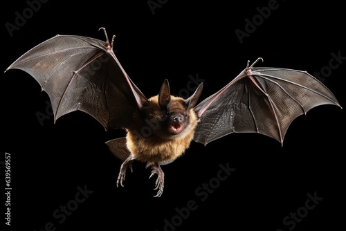 Flying bat with long ear and open wings isolated on black background