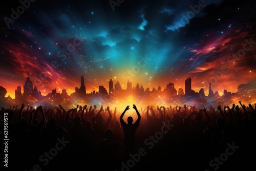 Silhouettes of dancing people with raised hands at concert. Illustration of crowd at music festival with colorful lights against the backdrop of the night city.