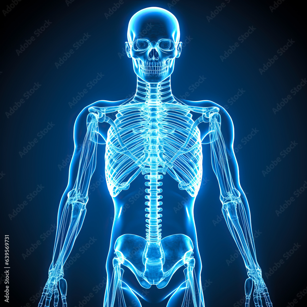 X-Ray image of a skeleton or human. Concept of medical tech, fractures and diagnosis. isolated on black background. - obrazy, fototapety, plakaty 