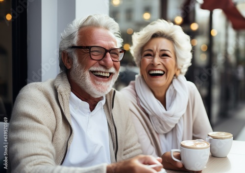 Joyful elderly couple in their 50-60's sharing happy moments together. Casual lifestyle. Not real person. Generative AI