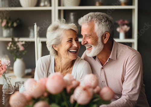 Joyful elderly couple in their 50-60\'s sharing happy moments together. Casual lifestyle. Not real person. Generative AI