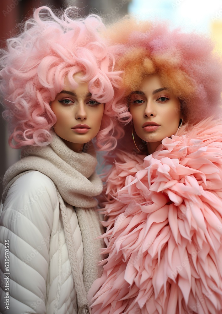 two young girls in pastel clothing and pink hair posing together. Not real person. AI two young girls in pastel clothing and pink hair posing together. Not real person. AI