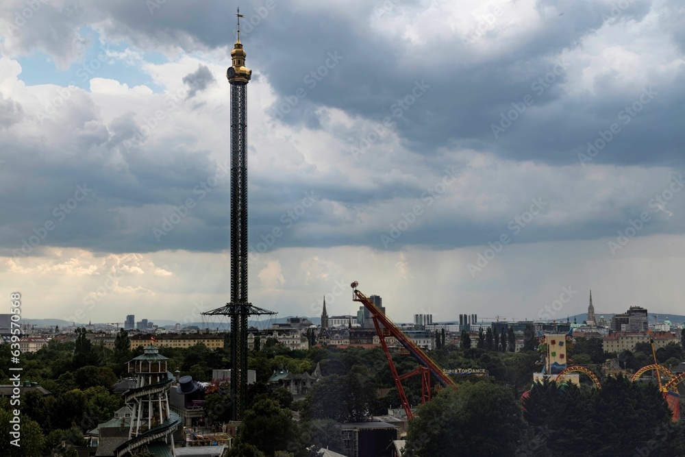 View over the city of Vienna with the Prater amusement park in 