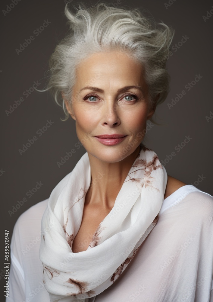 An attractive senior woman in her 50-60s radiating beauty and joy in casual attire. Not real person. Generative Ai