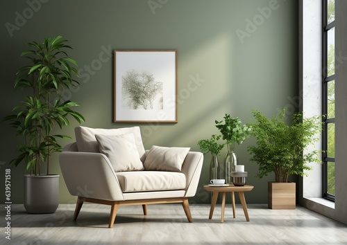 A cozy home interior with a comfortable armchair and a mock-up frame, Generative AI © DigitalGenetics